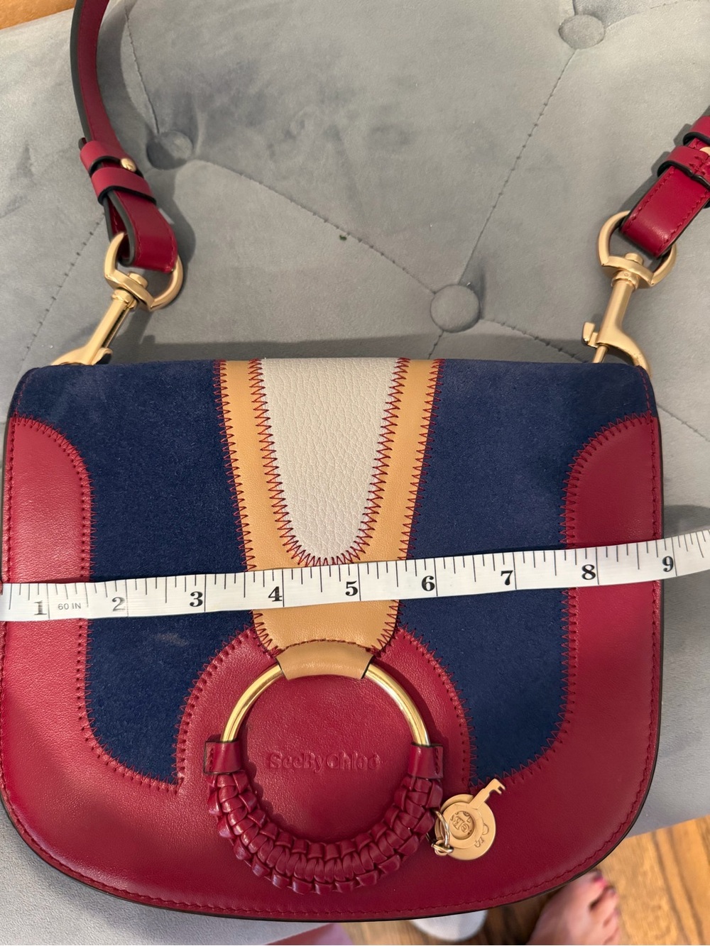 See By Chloe Red and Navy Patchwork Leather Tote with Braided Ring Handle